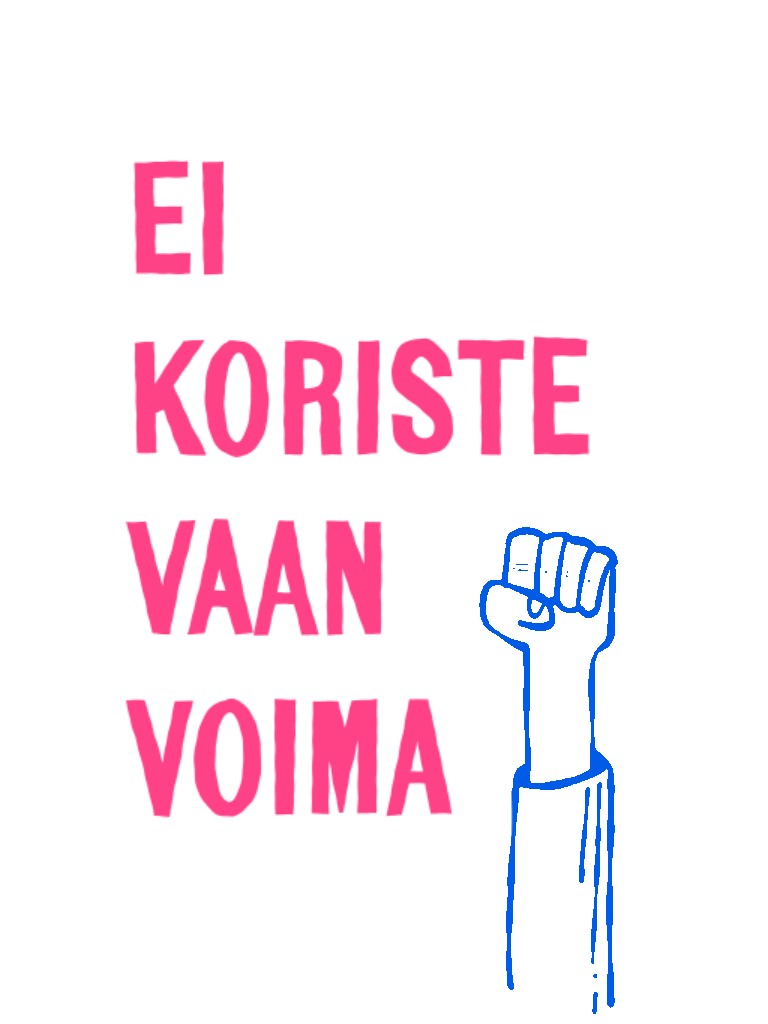 EI KORISTE VAAN VOIMA graafinen suunnittelu -sivun animaatiossa nyrkki huitaisee koriste-sanan pois.