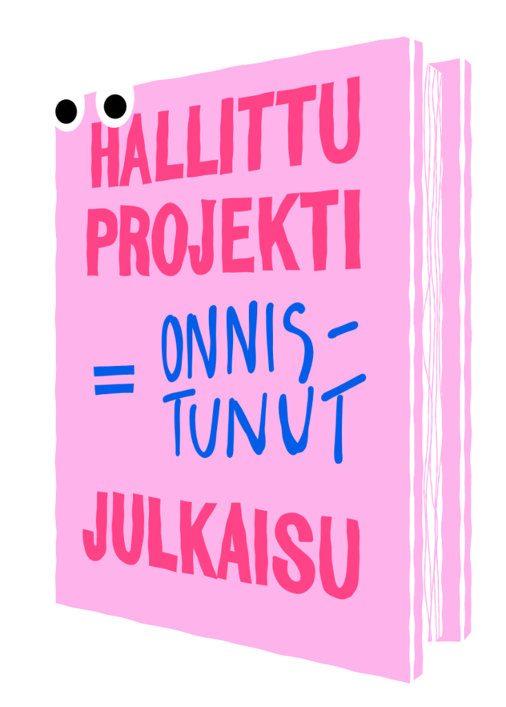 Animoitu kuva, jossa teksti "Hallittu projekti = onnistunut julkaisu" – korostaa suunnitelmallisuuden merkitystä julkaisun taitossa.