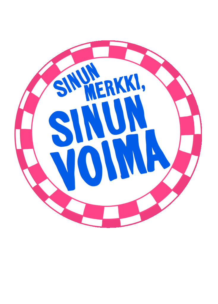 Animaatio rintanapista, jossa lukee "Sinun merkki, sinun voima" punk-tyyliin – visuaalinen korostus yrityksen logon suunnittelu -aiheiselle sivulle.