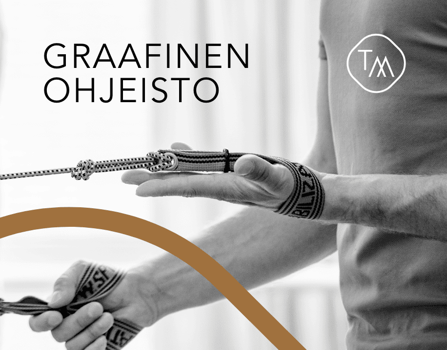 Pilates Turun Graafisen ohjeiston kansi. Lähikuvassa spiraalistabilaatiokuminauhat ja niitä pitävät kädet.