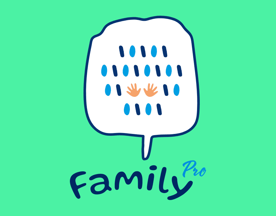 Family Prolle tehty kuvitus ja logo. Puhekuplassa visuaalista puhetta.