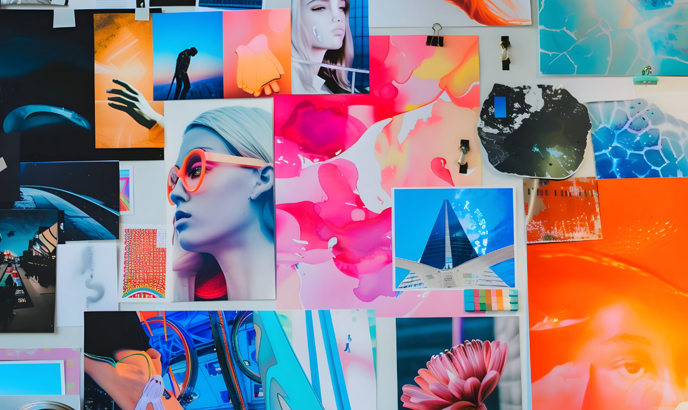 Moodboard koostuu värikkäistä valokuvista. Visuaalisen ilmeen hyvä työkalu.