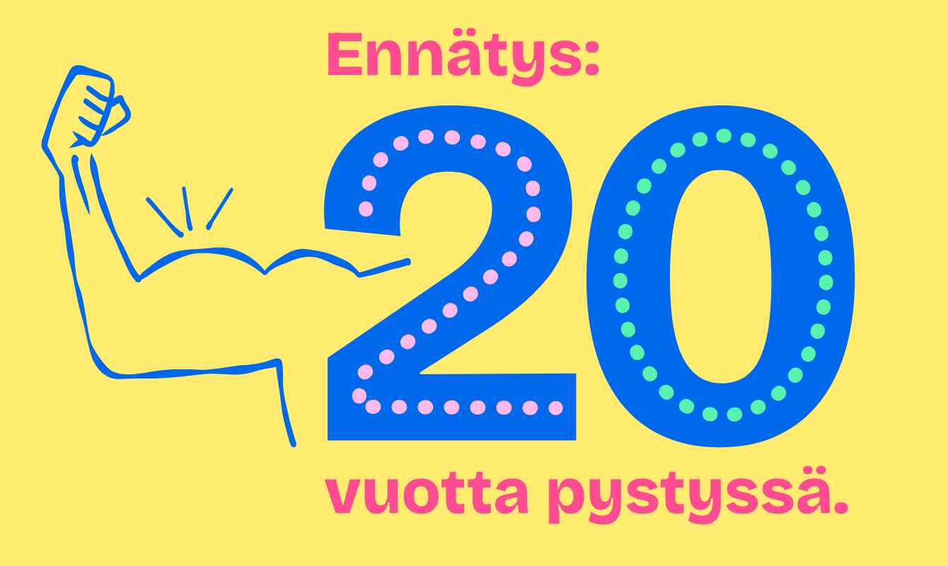 Piirretty pullisteleva hauis ja teksti: Ennätys 20 vuotta pystyssä, sen kunniaksi bränditermiä.