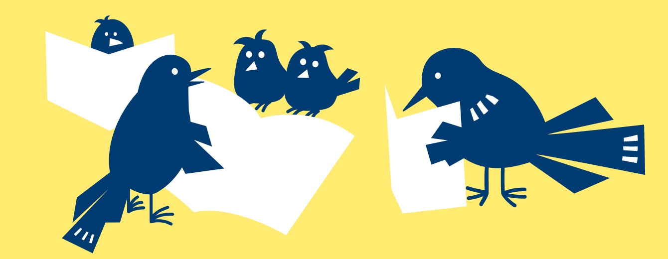 Raision kirjastopalveluiden brändi-ilmeen kuvitukset tunnuksiin, mustarastaita lukemassa, graafinen suunnittelu Tuire Laine.