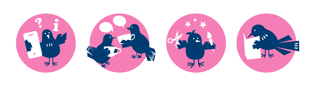 Raision kirjastopalveluiden brändielementtejä, graafinen suunnittelu ja kuvitus Tuire Laine.