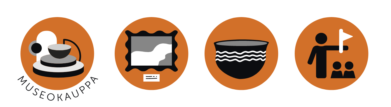 Raision museo Harkon pyöreät terrakotan väriset bränditunnukset, (museokauppa, näyttelyt, arkeologia ja opastus).