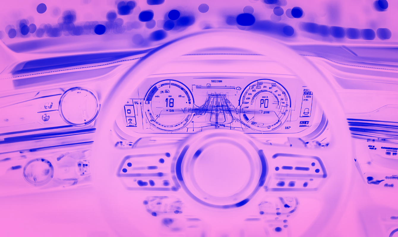 Auton mittaritaulu Bränditoimisto Hurraan väreissä symboloi brändijohtamisen komentokeskusta.