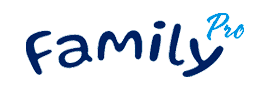 FamilyPro-logo, tummansininen family-sana ja siinä kiinni cyaninsininen pro-sana kaunokirjoituksella